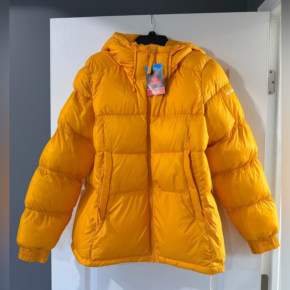 NWT Columbia Pike Lake Omni Hooded Puffer Coat Jacket. Yellow Women's Large